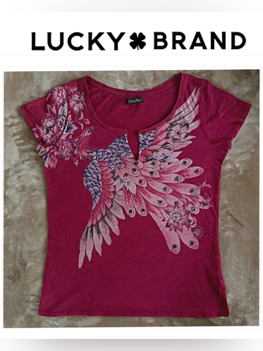 VINTAGE Women’s LUCKY BRAND Boho LIVE IN LOVE Graphic Split-Neck Tee S Cotton